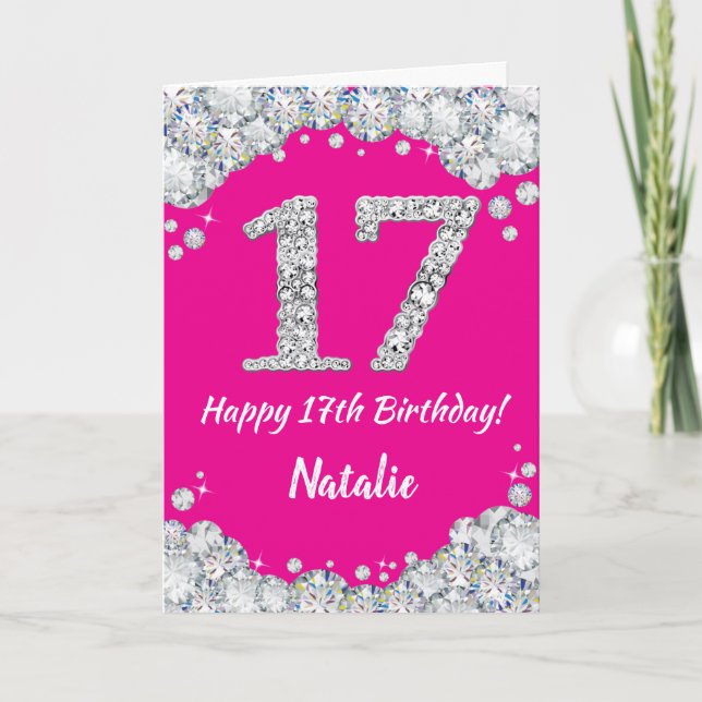Happy 17th Birthday Hot Pink and Silver Glitter Card (Front)