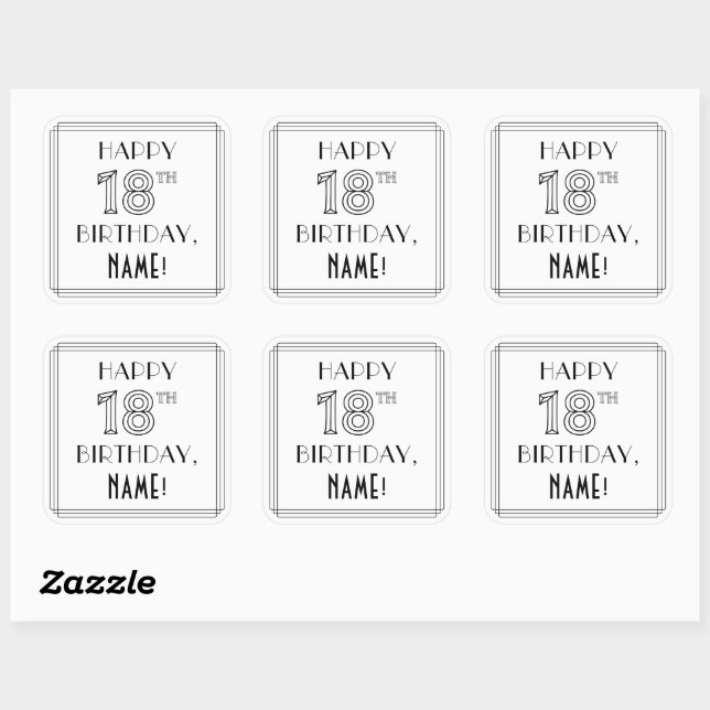 HAPPY 18TH BIRTHDAY, Art Deco Style, Custom Name Square Sticker (Sheet)