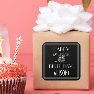 HAPPY 18TH BIRTHDAY; Art Deco Style; Custom Name Square Sticker
