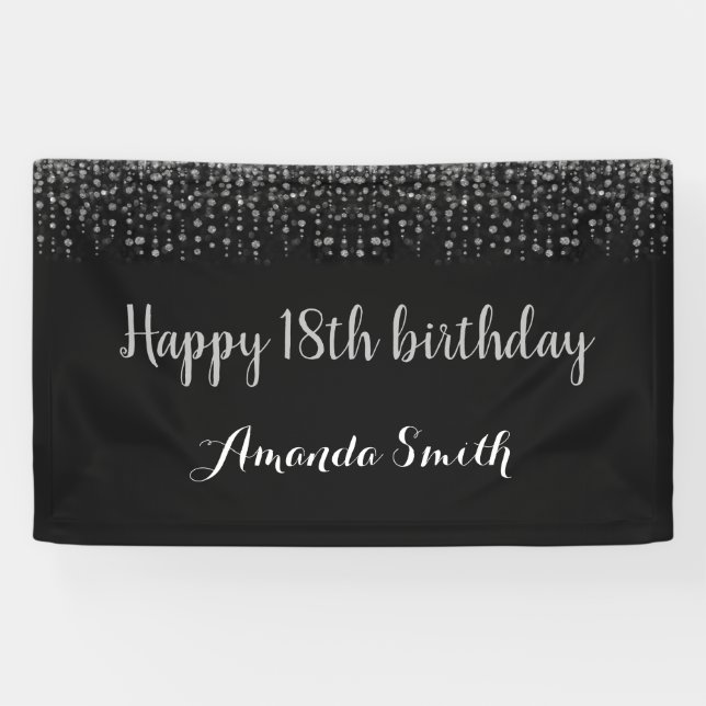 Happy 18th Birthday Banner. Black Silver Glitter Banner (Horizontal)