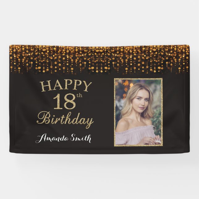 Happy 18th Birthday Banner. Gold Glitter Photo Banner (Horizontal)