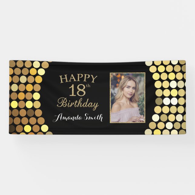 Happy 18th Birthday Banner. Gold Glitter Photo Banner (Horizontal)