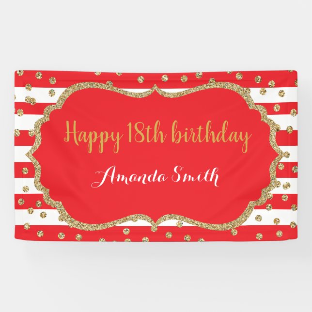 Happy 18th Birthday Banner Red Gold Glitter (Horizontal)