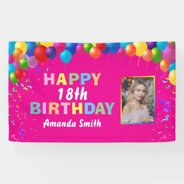 Happy 18th Birthday Colorful Balloons Hot Pink Banner (Horizontal)