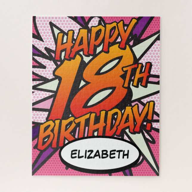 HAPPY 18TH BIRTHDAY Fun Retro Comic Book Pink Jigsaw Puzzle (Vertical)