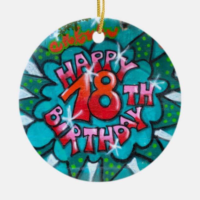 Happy 18th Birthday Graffiti Ceramic Tree Decoration (Front)