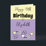 Happy 18th birthday name purple yellow card<br><div class="desc">Celebrate in style with this vibrant and customisable Happy 18th Birthday card (or any milestone you choose)! Add a personal touch by including the birthday star’s name, making it truly one-of-a-kind. Perfect for marking this exciting milestone, the design combines fun and festivity to bring a smile to their face. Whether...</div>