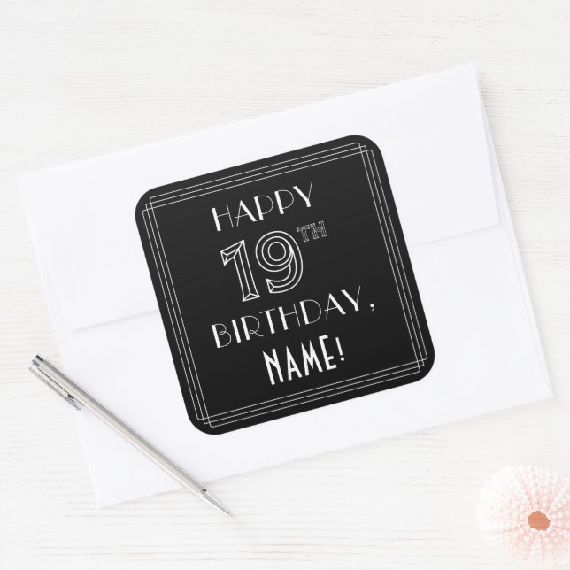 HAPPY 19TH BIRTHDAY; Art Deco Style; Custom Name Square Sticker (Envelope)