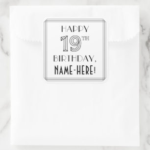 HAPPY 19TH BIRTHDAY, Art Deco Style, Custom Name Square Sticker