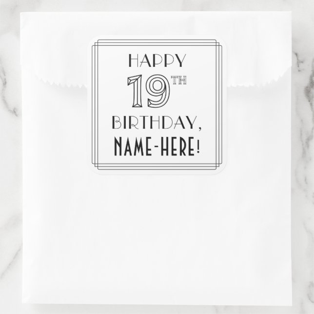 HAPPY 19TH BIRTHDAY, Art Deco Style, Custom Name Square Sticker (Bag)
