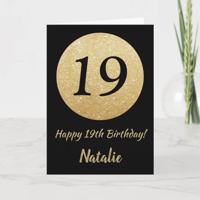 Happy 19th Birthday Black and Gold Glitter Card (Front)