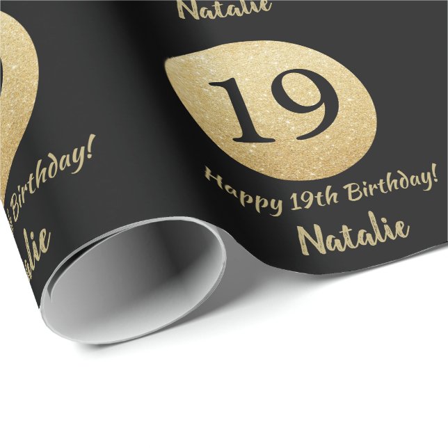 Happy 19th Birthday Black and Gold Glitter Wrapping Paper (Roll Corner)