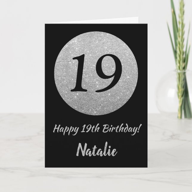 Happy 19th Birthday Black and Silver Glitter Card (Front)