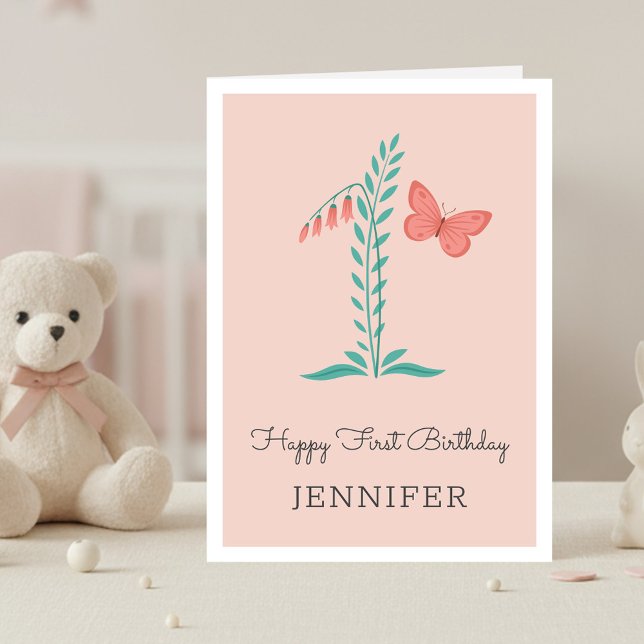 Happy 1st Birthday Baby Girl Butterfly Floral Card (Creator Uploaded)