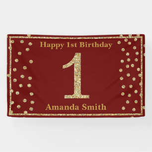 Happy 1st Birthday Banner Burgundy Red Gold