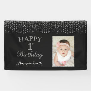 Happy 1st Birthday Banner. Silver Glitter Photo Banner