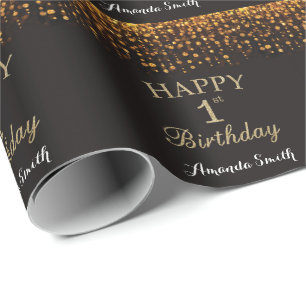 Happy 1st Birthday Black and Gold Glitter Wrapping Paper