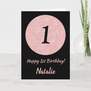 Happy 1st Birthday Black and Rose Pink Glitter Card