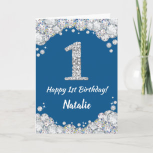 Happy 1st Birthday Blue and Silver Glitter Card