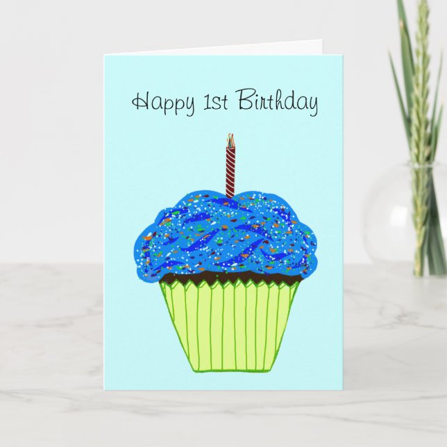 Happy 1st Birthday Blue Cupcake Card (Front)