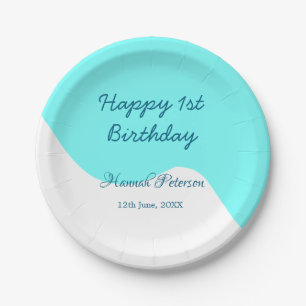 Happy 1st birthday blue wavy retro boho name date paper plate