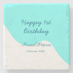 Happy 1st birthday blue wavy retro boho name date stone coaster