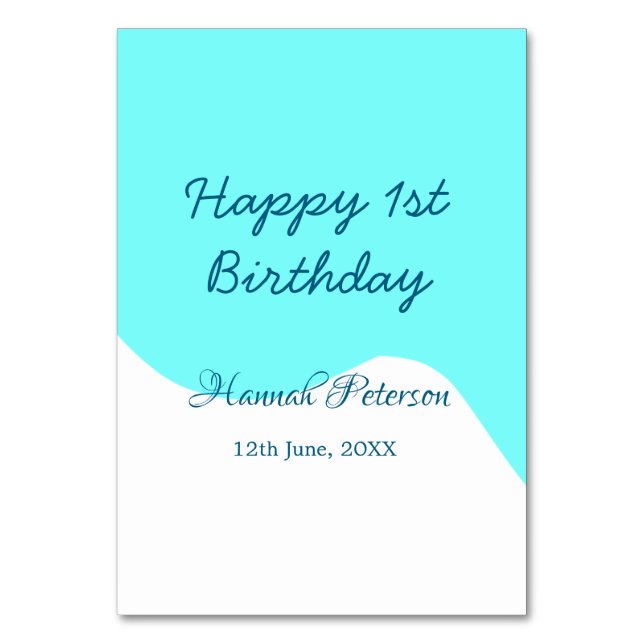 Happy 1st birthday blue wavy retro boho name date table number (Front)