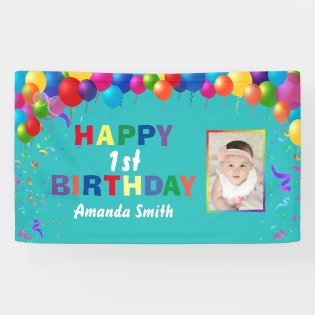 Happy 1st Birthday Colorful Balloons Teal Banner (Horizontal)