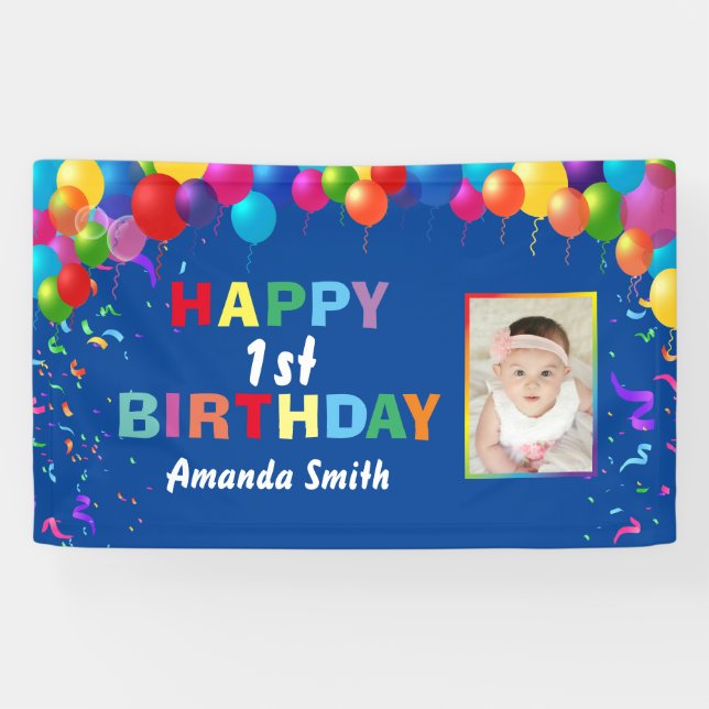 Happy 1st Birthday Colourful Balloons Blue Banner (Horizontal)