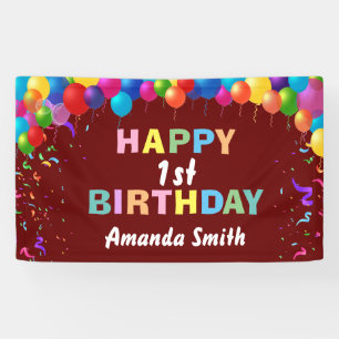 Happy 1st Birthday Colourful Balloons Burgundy Red Banner