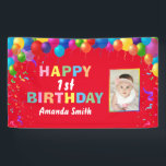 Happy 1st Birthday Colourful Balloons Red Banner<br><div class="desc">Happy 1st Birthday Colourful Balloons Confetti Red Photo Banner. For further customisation,  please click the "Customise it" button and use our design tool to modify this template.</div>