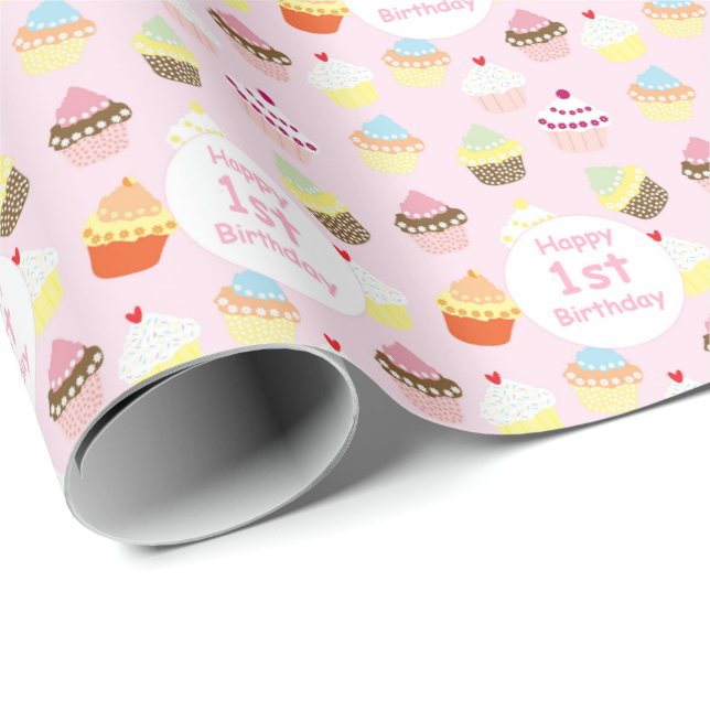 Happy 1st Birthday Cupcake Pink Gift Wrap (Roll Corner)