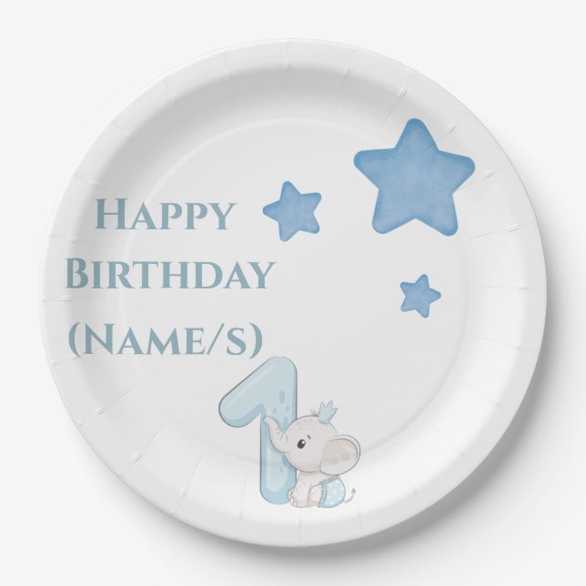 Happy 1st Birthday (Customizable text & Name) Paper Plate (Front)
