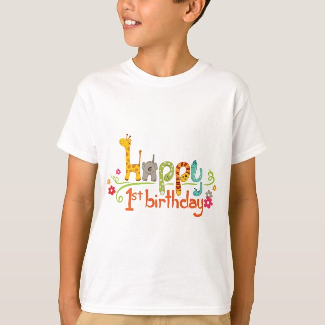 Happy 1st Birthday – Cute Animal Theme Celebration T-Shirt (Front)