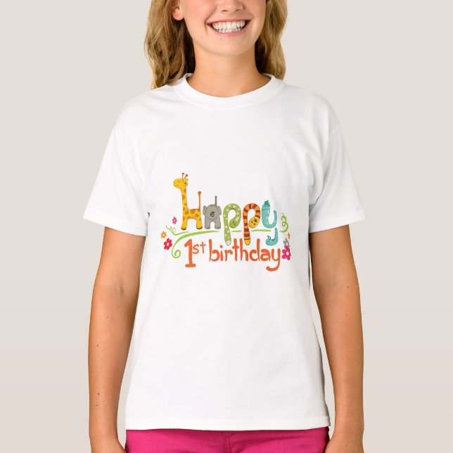 Happy 1st Birthday – Cute Animal Theme Celebration T-Shirt (Front)