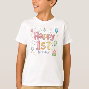 Happy 1st Birthday – Cute Birthday Card with pink T-Shirt