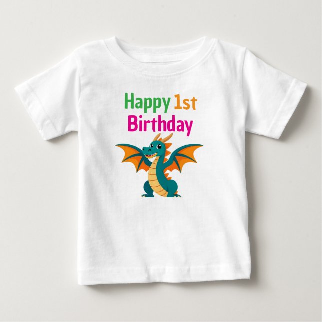 Happy 1st Birthday Cute Green Dragon T-Shirt (Front)