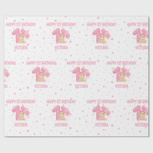 Happy 1st Birthday Cute Little Pink Bear Girl Wrapping Paper