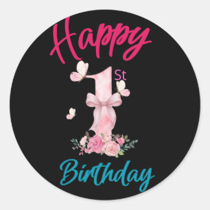 Happy 1st Birthday Cute Pink Butterfly Bow Round S Classic Round Sticker