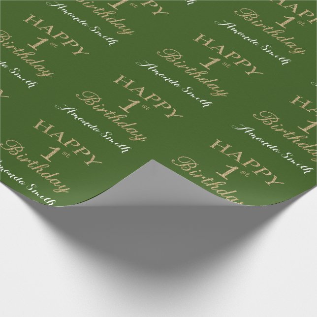 Happy 1st Birthday Gold Glitter and Green Wrapping Paper (Corner)