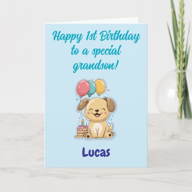 Happy 1st Birthday Grandson, Happy Puppy,  Card (Front)