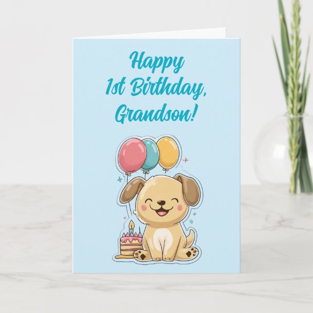 Happy 1st Birthday Grandson, Happy Puppy,  Card (Front)