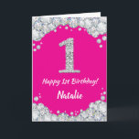 Happy 1st Birthday Hot Pink and Silver Glitter Card<br><div class="desc">Happy 1st Birthday Hot Pink and Silver Glitter Card with personalised name. For further customisation,  please click the "Customise it" button and use our design tool to modify this template.</div>