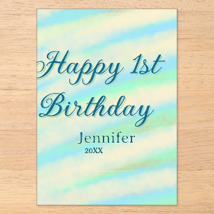 Happy 1st birthday kids baby blue green pastel ret acrylic invitations