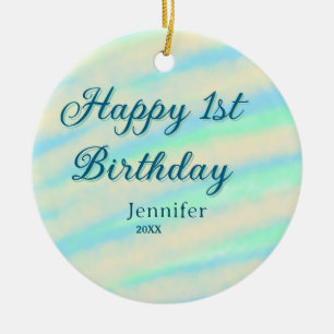 Happy 1st birthday kids baby blue green pastel ret ceramic tree decoration