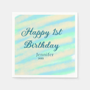 Happy 1st birthday kids baby blue green pastel ret napkin