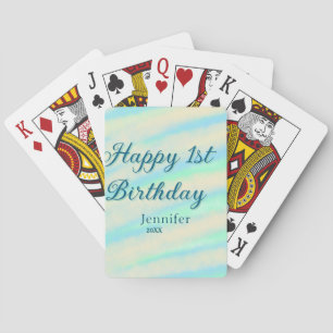 Happy 1st birthday kids baby blue green pastel ret playing cards