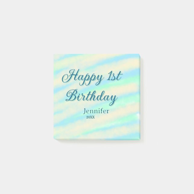 Happy 1st birthday kids baby blue green pastel ret post-it notes (Front)