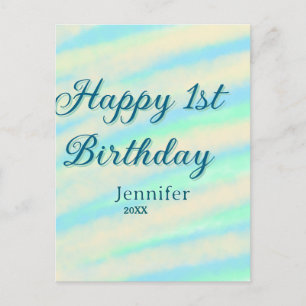 Happy 1st birthday kids baby blue green pastel ret postcard
