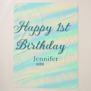 Happy 1st birthday kids baby blue green pastel ret sherpa blanket